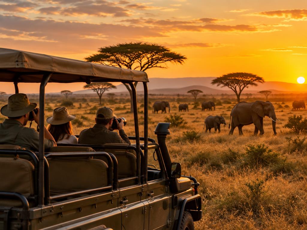 Safari guests watching elephants at sunset