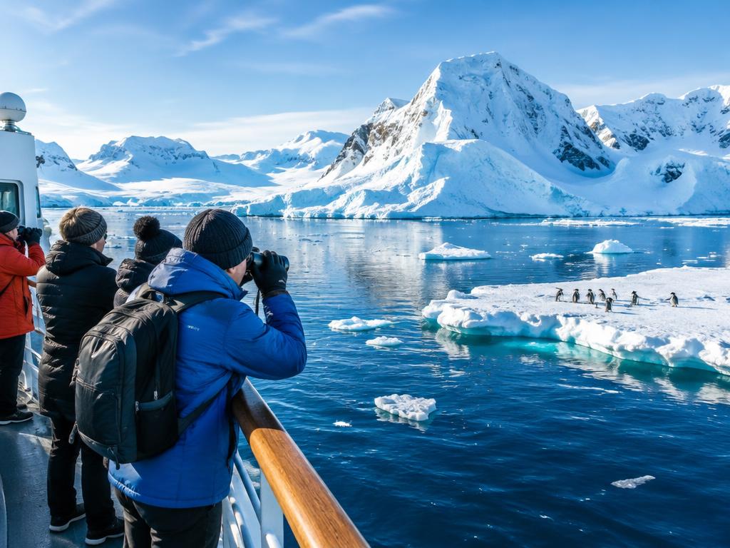 Travelers watching penguins and icebergs from an expedition ship