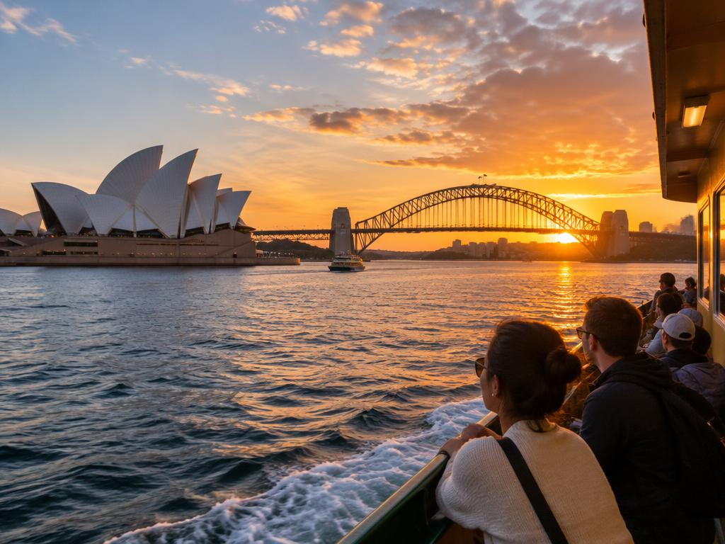 Ferry passengers passing the Sydney Opera House at sunset