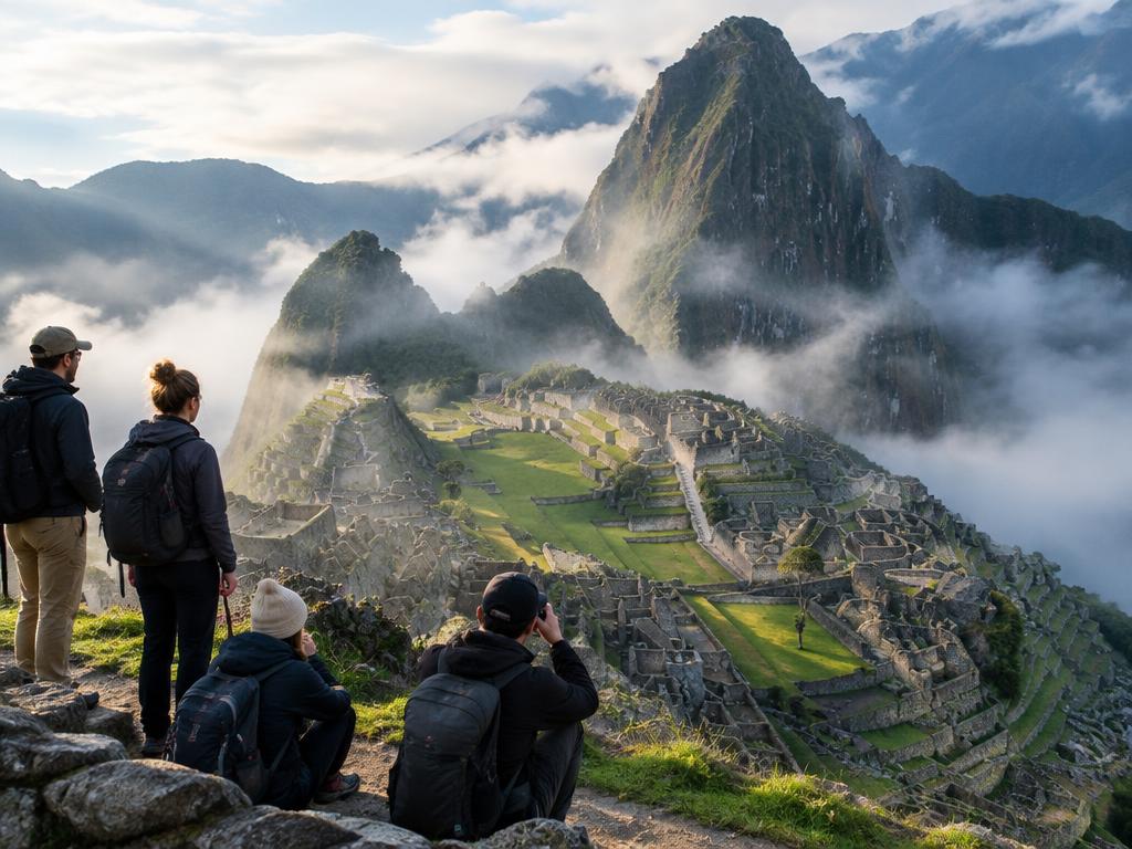 Travelers overlooking Machu Picchu in morning mist