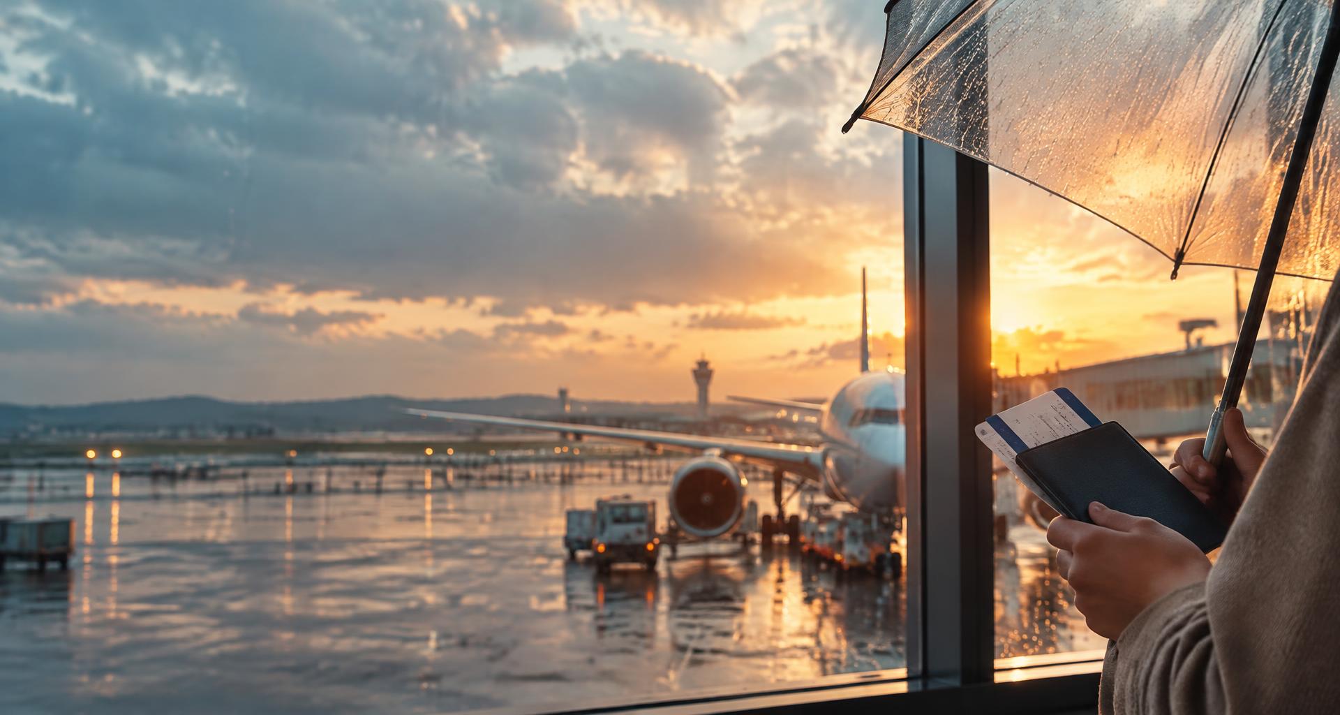 Traveler holding a passport and boarding pass under an umbrella beside an airport window at golden hour